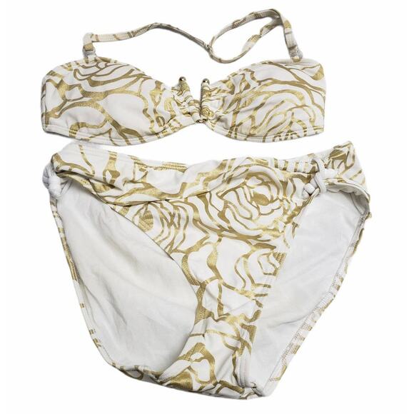 Spiegel White w. Gold Floral Design 2 Piece Strapless Bikini Swim Suit Set - Picture 1 of 10